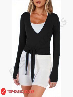 Womens Long Sleeve Wrap Top Deep V Neck Tie Front Ballet Yoga Pilates Top with